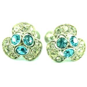 Bugoff Blue & White Rhinestone Earrings In Silvertone Screw Back Marked